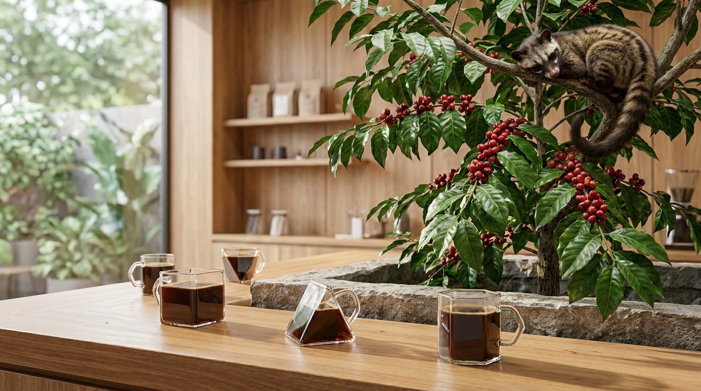 A wild Asian palm civet resting comfortably on a lush, green coffee tree branch in its natural habitat, surrounded by ripe red coffee cherries.