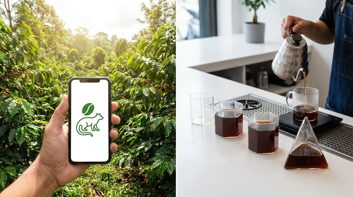 A farmer holding a smartphone displaying a blockchain traceability app, with a background of a lush Indonesian coffee plantation.