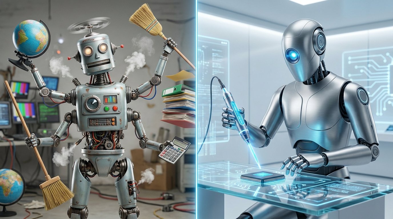 A split-screen illustration showing a confused robot juggling too many general tasks on the left, and a sleek, focused robot expertly handling a single specialized tool on the right.