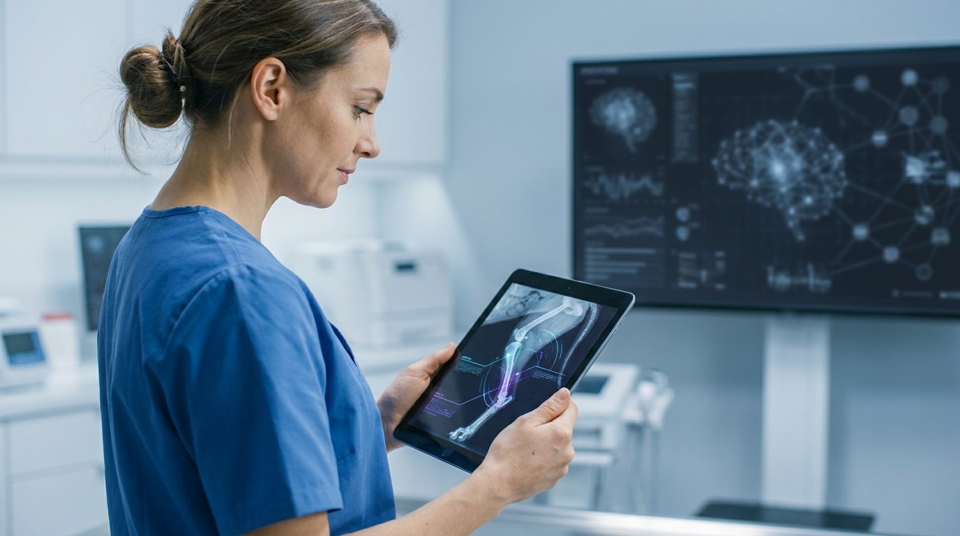 A veterinarian in a modern clinic looking at a digital tablet displaying a dog's X-ray, with an AI diagnostic overlay that the vet is carefully reviewing.