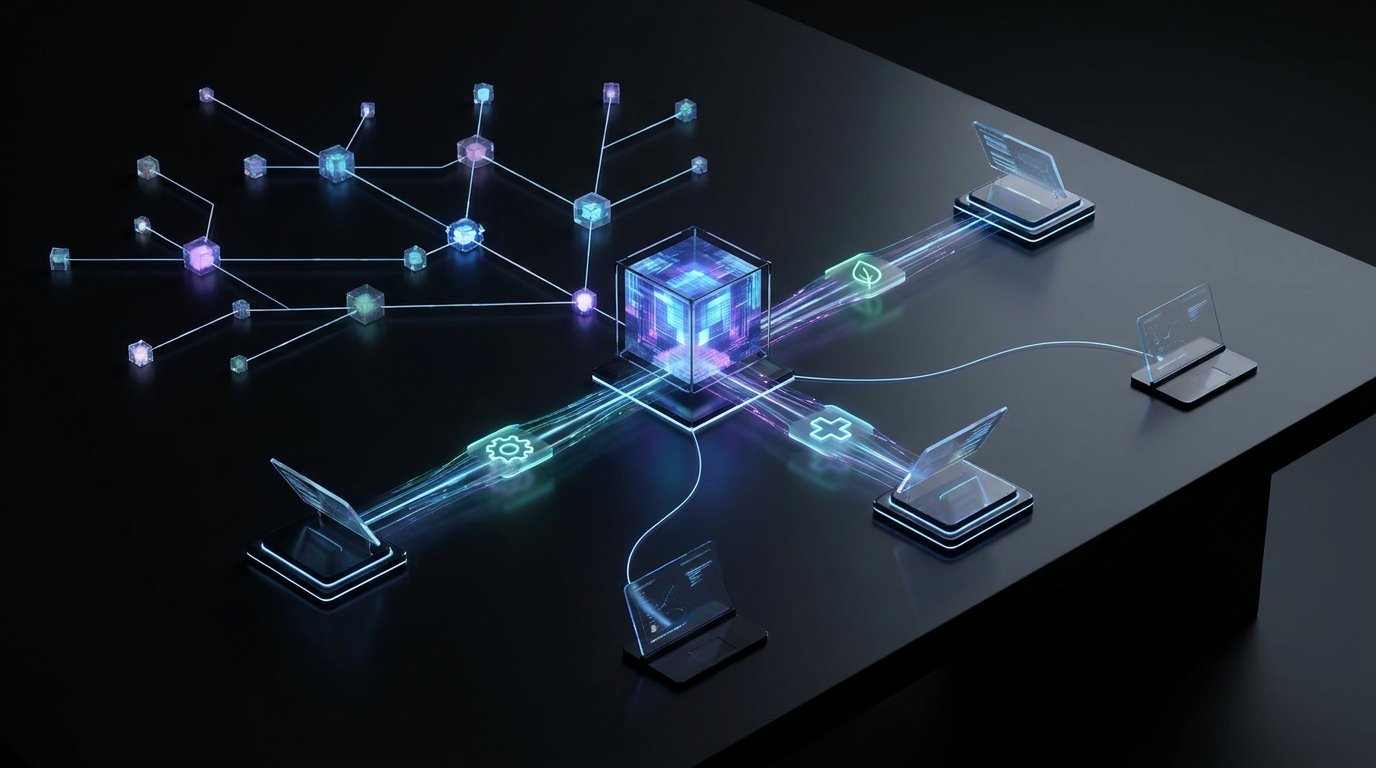 An infographic flowchart titled "The Niche AI Ecosystem." It shows proprietary data (books, files) feeding into a secure AI processing hub, which then branches out into specific, high-quality industry outputs like diagnostic reports and training plans.